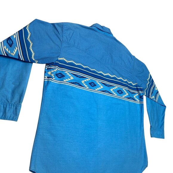 VTG Express Rider Pearl Snap Shirt Western Cowboy Rodeo Ranch 2XL Blue Aztec - Picture 5 of 16